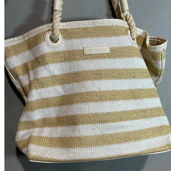 Vera Bradley Tote Bag Tan White Striped Woven Straw Rope Handle Coastal Boho
