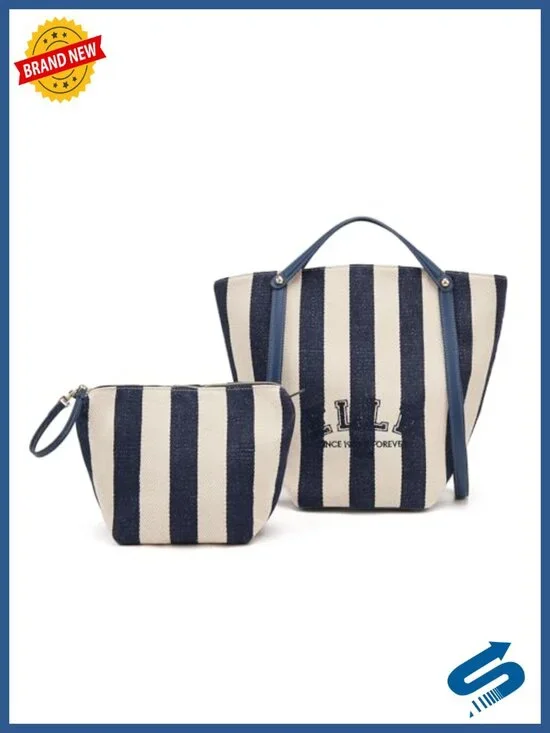 Nautical Stripe Canvas Tote Bag with Detachable Pouch