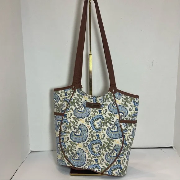 Longaberger Small Tote Bag,  Faux Leather Trim & Handles. Spots noted in picture