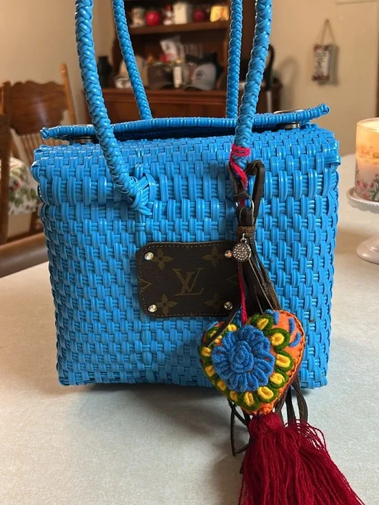 Blue Woven Tote Bag with Decorative Tassel