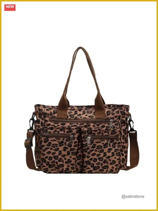 Canvas Tote Bag for Women Leopard Print Shoulder Bag with Pockets