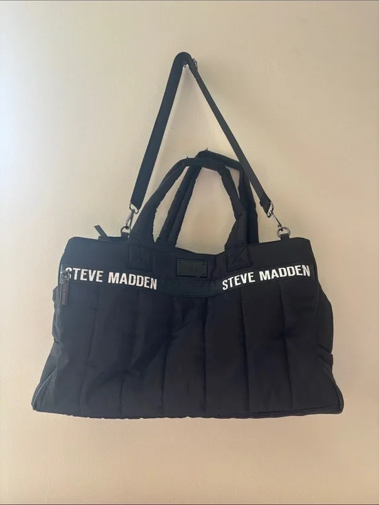 Steve Madden Black Quilted Travel Duffel with Logo Trim