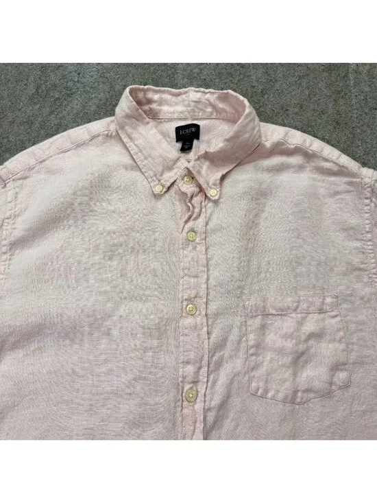 J.Crew Linen Shirt Men XL Pink Solid Classic Fit Short Sleeve Button-Down
