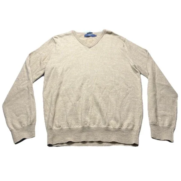 J Crew Mens Medium Merino Wool V Neck Sweater Beige Tan Lightweight Preppy‎