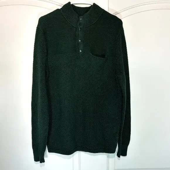 J. Crew Mens Thermal Cotton Sweater‎ Henley Button Green Vintage Style Crochet M