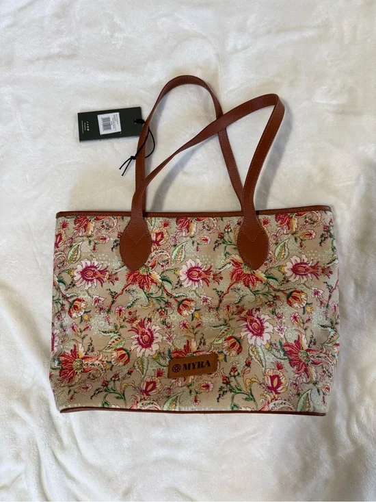 Myra Bag Beige Floral Canvas Tote with Brown Trim