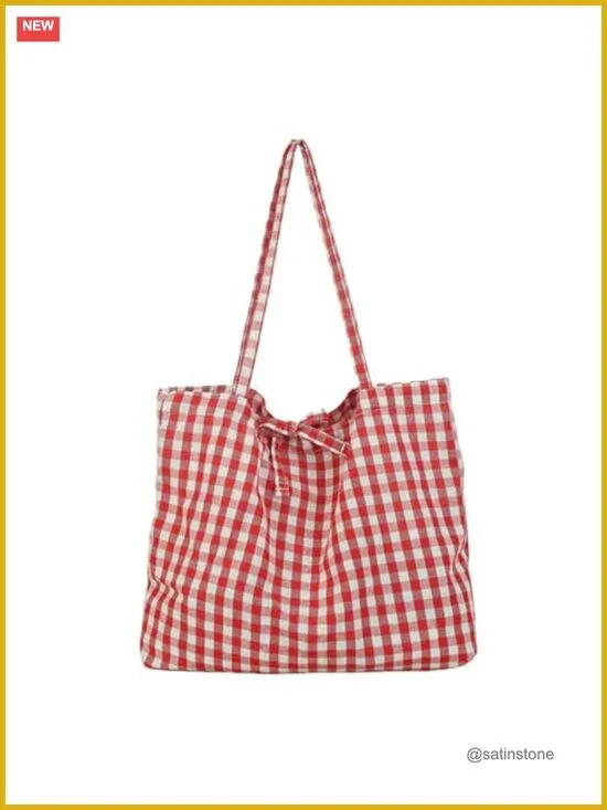 Gingham Canvas Tote Bag Large Capacity Casual Shoulder Bag