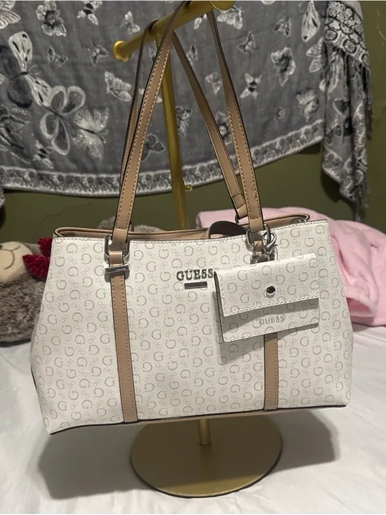 GUESS Cream Tote with Tan Straps and Logo Wallet
