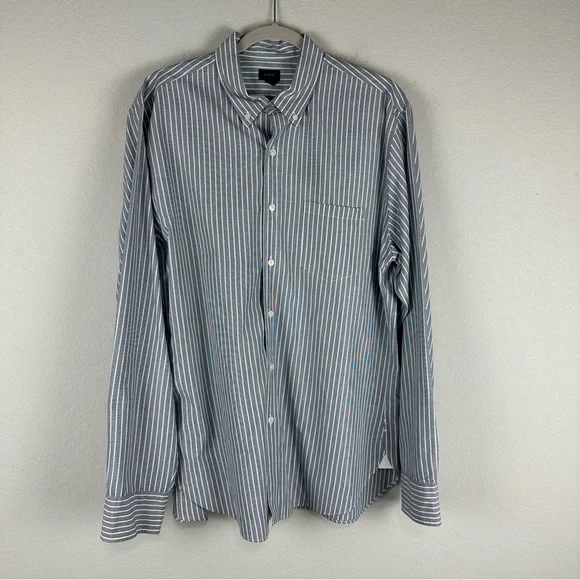 J.Crew Men’s Gray White Stripe Long Sleeve Button Up 100% Cotton Shirt Large