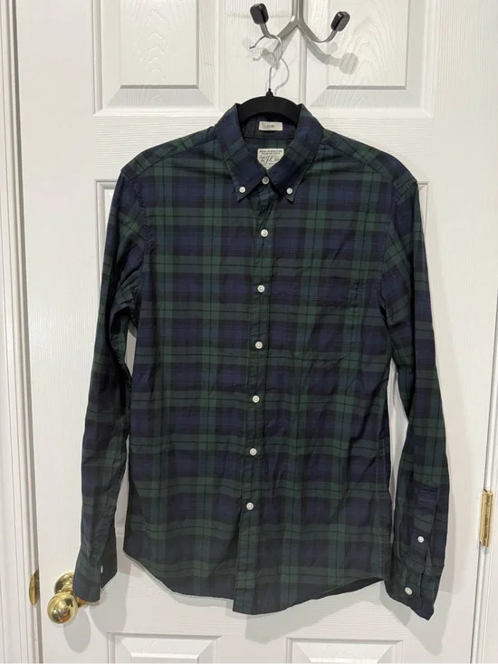 J. Crew Secret Wash Shirting Green and Navy Plaid Button-Down Shirt Slim