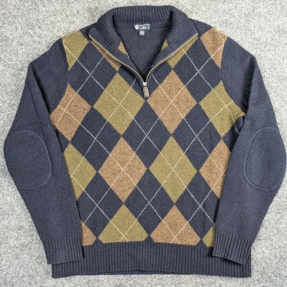 J. Crew Mens Argyle Quarter Zip Sweater Navy Blue Lambswool Elbow Patches Medium