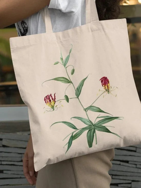 Flame Lily Vintage Floral Print Graphic Canvas Tote Bag