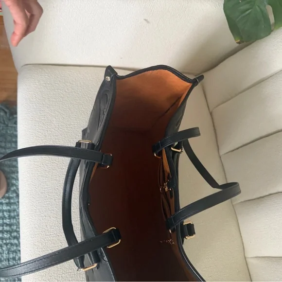 LV Giant Black Embossed Monogram Tote with Tan Interior and Gold Trim