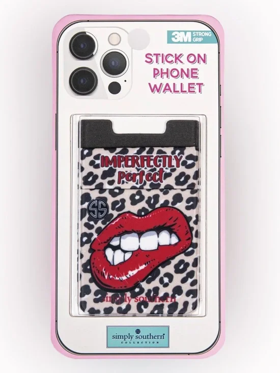 Simply Southern Pink Leopard Stick-On Phone Wallet with Red Lips Graphic