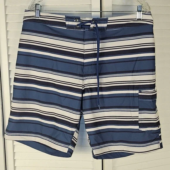 J by J Crew Flex Mens Blue White Striped‎ Swim Trunks 34
