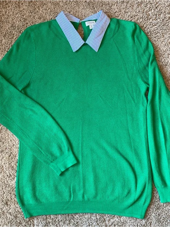 J.Crew Cotton Sweater with Contrast Striped Collar Womens M Green Preppy 90s