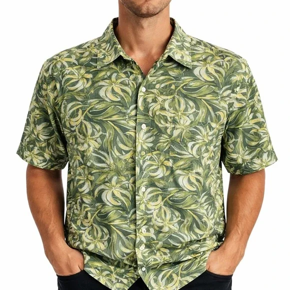 J. Crew Hawaiian Aloha Shirt‎ LT Floral Tropical Flowers Green Yellow Black