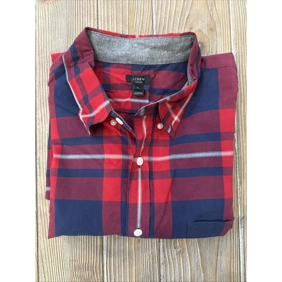 J. Crew Tartan Plaid Red Blue Button-Down Men’s Long Sleeve Shirt Red XL