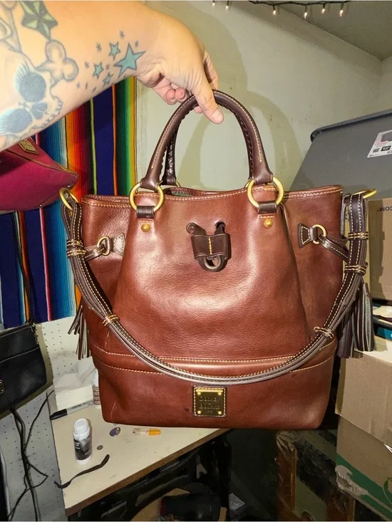 Dooney & Bourke Buckley Bag Leather Tote with Dual Handles in the color Chestnut
