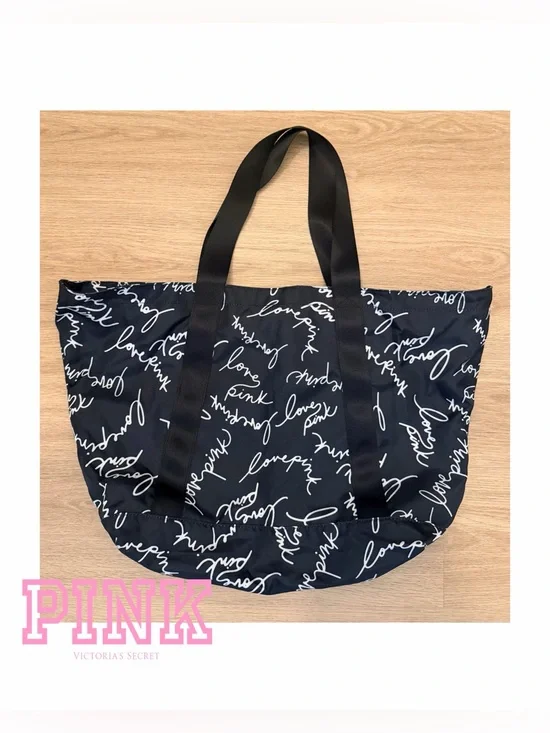 🆕 NWOT Victoria’s Secret Black Love PINK Zipper Tote Bag