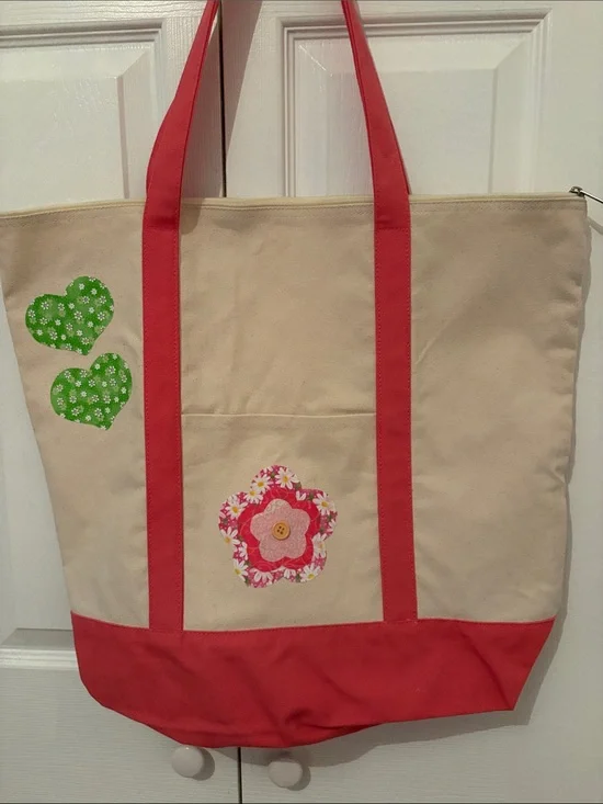 Canvas Tote Bag with Pink Trim and Floral and heart Appliqué