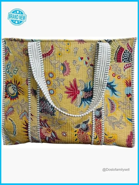 Floral Quilted Cotton Shoulder Tote Bag Handblock Printed Open Top Shopping Tote
