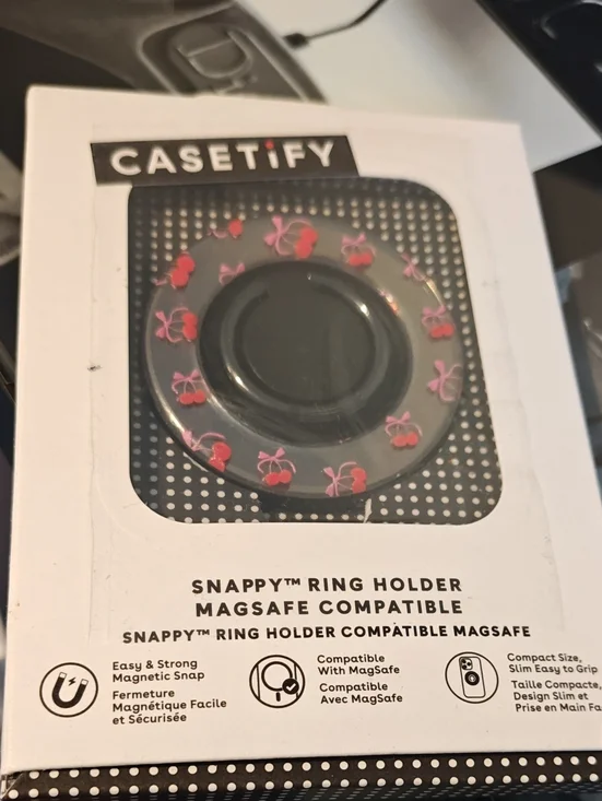 Casetify Black Snappy Ring Holder with Pink & Red Cherry Print