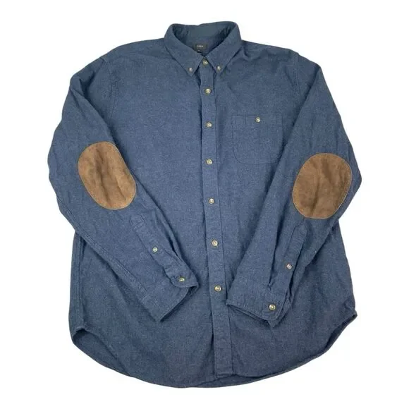 J Crew Wool Blend Button Down Shirt Men's Size XL Blue Elbow Patches Preppy