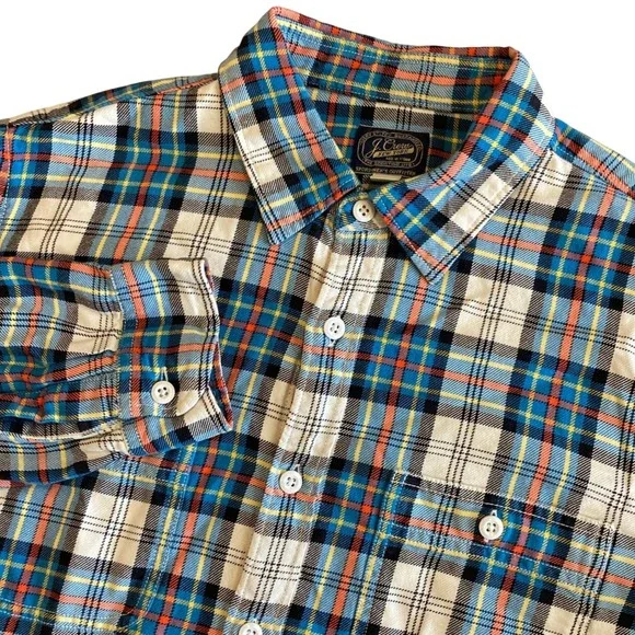 J. Crew Sportsman Mens Large Plaid Flannel Shirt Blue Orange Button Up Preppy