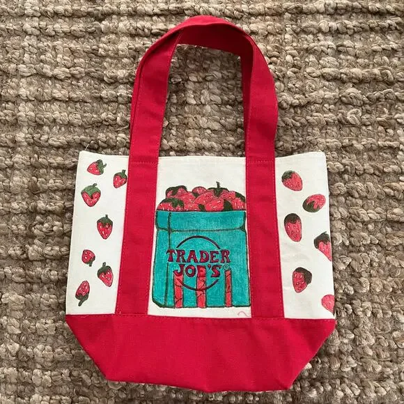 Trader Joe's Mini Canvas Tote Hand Painted Strawberry Coffee Mug Hearts Custom