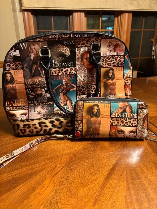 Leopard Print Patchwork Satchel and Wallet/Wristlet Set - Brown