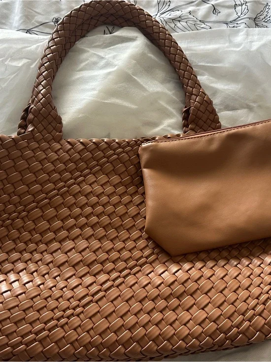 Handmade Woven Vegan Leather Tote Bag in Cognac with Pouch