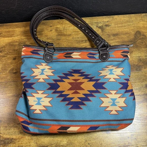 Montana West Aztec Southwestern Blue Orange Canvas‎ Tote Bag Women Large