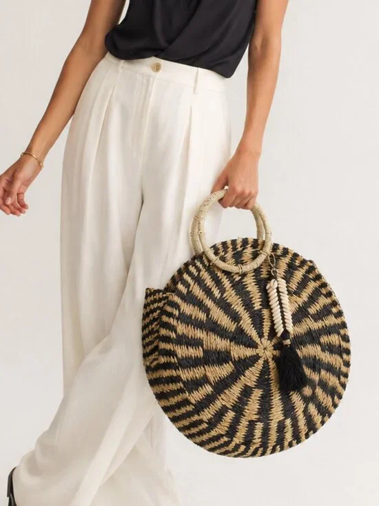 NWT Eco Handcraft Bali Round Grass Beach Tote with Seashell Tassel Charm 16