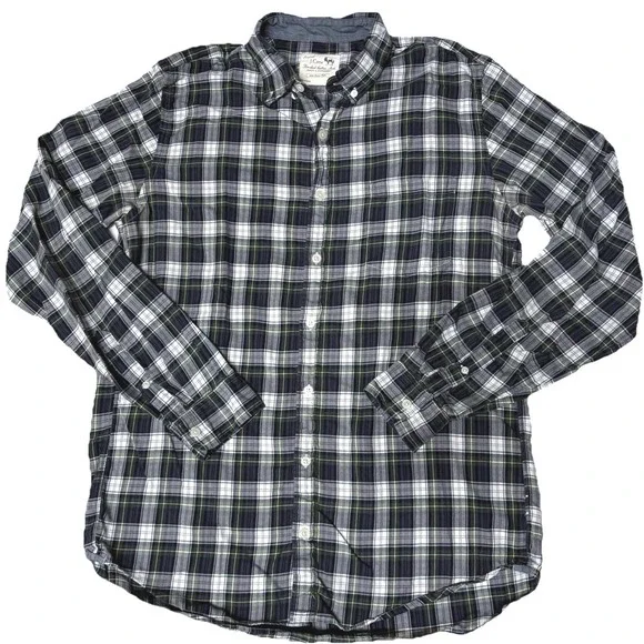 J Crew‎ Shirt Brushed Cotton Navy Blue Plaid Check Preppy Cabincore Mens Large