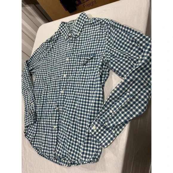 J. Crew Mens Blue Gingham Lightweight Oxford Cloth Slim Fit Shirt Large‎ Vintage