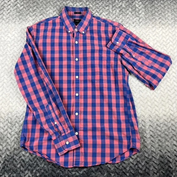 J Crew‎ Shirt Mens M Red(Pink)Blue Gingham Check Slim Untucked Stretch Button