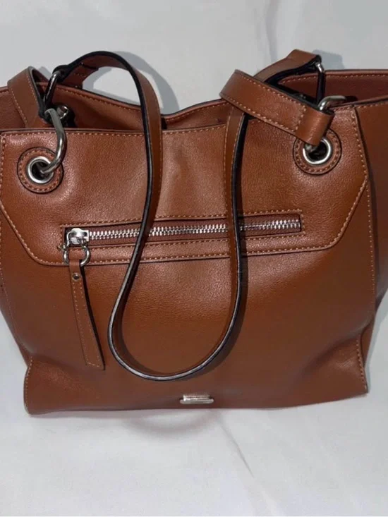 Chaps Brown Faux Leather Tote with Front Zip Pocket
