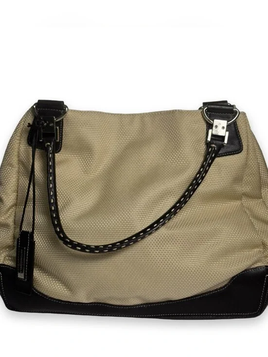 Antonio Melani Woven Canvas Tote Shoulder Bag Black Leather Trim Beige Large