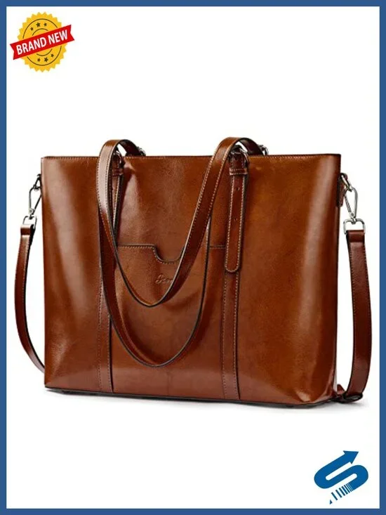 Genuine Leather Laptop Tote Bag Women Large Capacity Shoulder Handbag 15.6 Inch