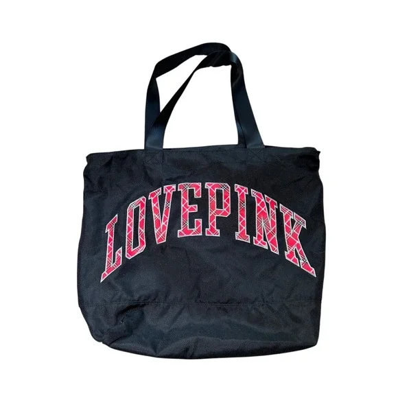 Victorias Secret PINK Black‎ Canvas Tote Bag Red Plaid Logo Zipper Large Gym Bag