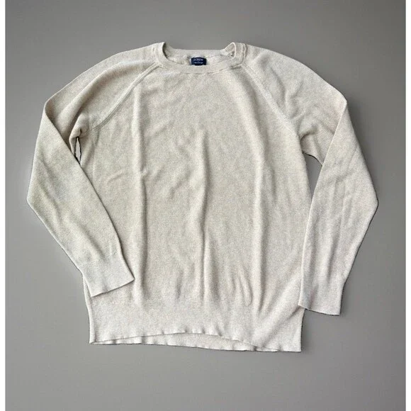 J Crew Mens Large Crewneck Sweater Beige Textured Knit Raglan Pullover Cotton L
