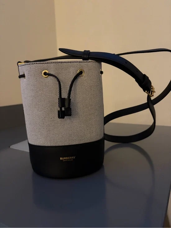 Burberry Black and Cream Canvas Leather Bucket Bag