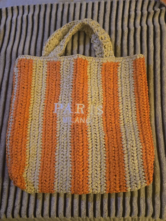 Striped Straw Crochet Tote Bag in Orange and Beige 