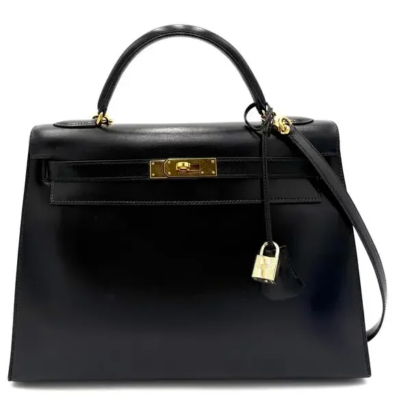 Kelly 32 Black Sellier Box Leather Bag with Gold Hardware