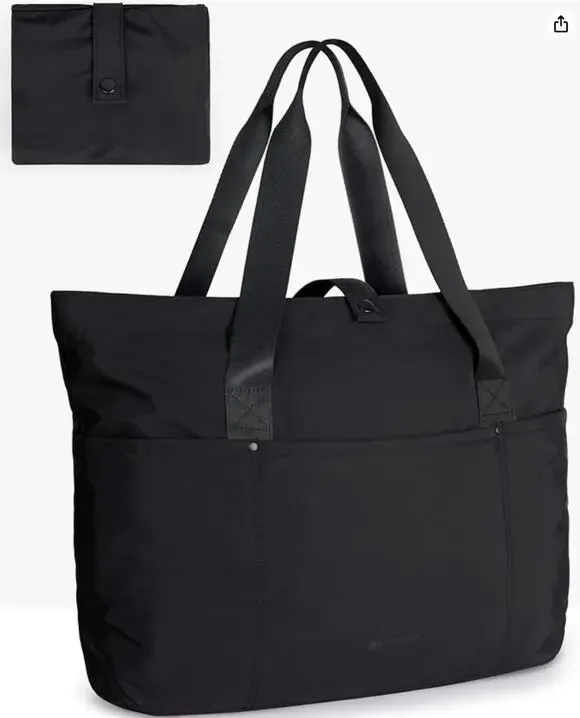 Foldable Tote Bag With Zipper, Travel Shoulder Bag, Handbag for Work- Black