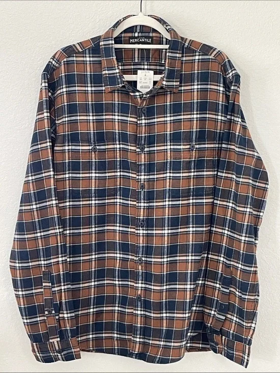 J.Crew Mercantile NWT XL 100% Cotton Plaid Flannel Button Shirt Brown Blue