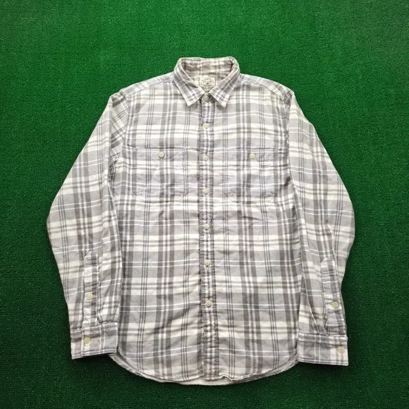 J Crew Workshirt Mens Small Grey White Plaid Flannel Long Sleeve Button Up