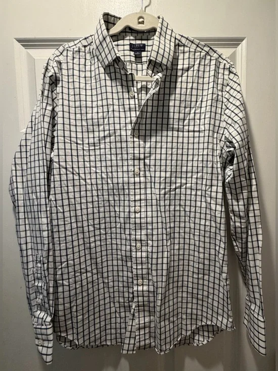 Size Medium J. Crew Men's White Shirt with Navy Windowpane Check