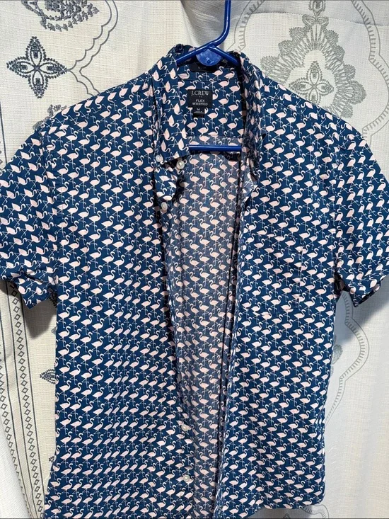 J. Crew Navy Short-Sleeve Button-Down with Pink Flamingo Print
